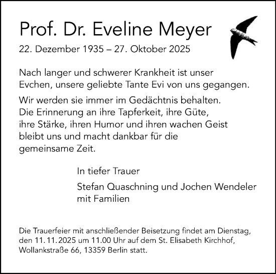 Traueranzeige von Eveline Meyer von Tagesspiegel