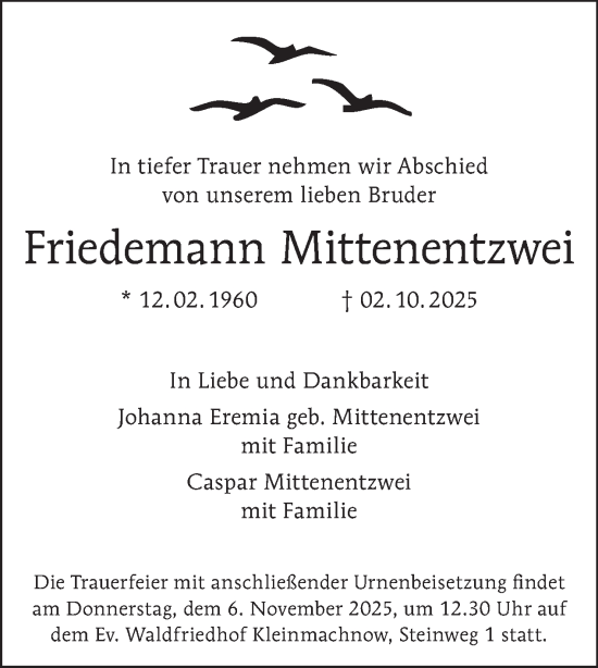 Traueranzeige von Friedemann Mittenentzwei von Tagesspiegel