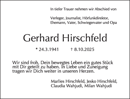 Traueranzeige von Gerhard Hirschfeld von Tagesspiegel