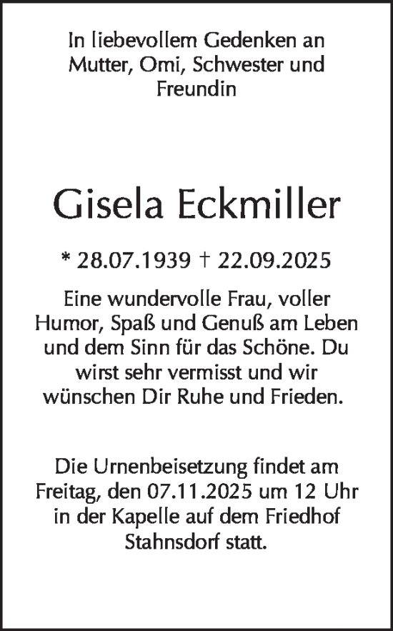 Traueranzeige von Gisela Eckmiller von Tagesspiegel