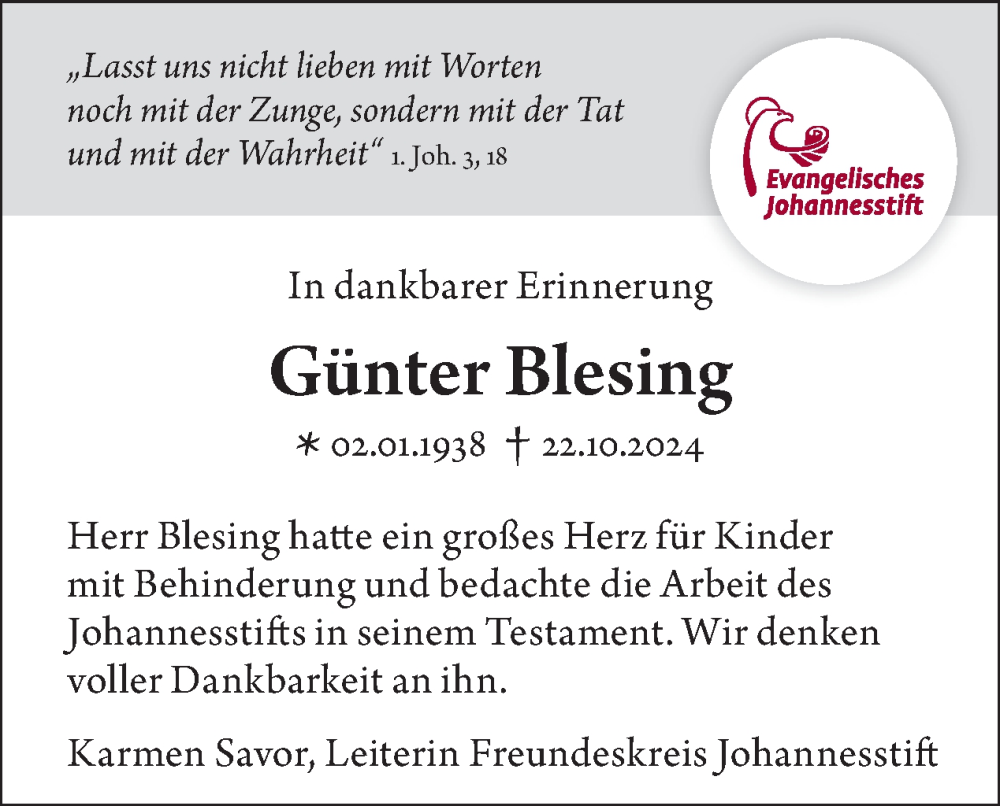  Traueranzeige für Günter Blesing vom 25.10.2025 aus Tagesspiegel