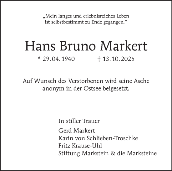 Traueranzeige von Hans Bruno Markert von Tagesspiegel