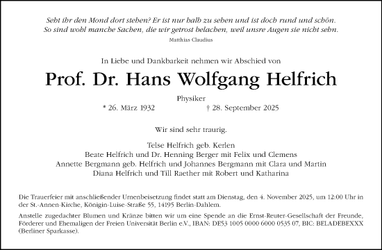Traueranzeige von Hans Wolfgang Helfrich von Tagesspiegel