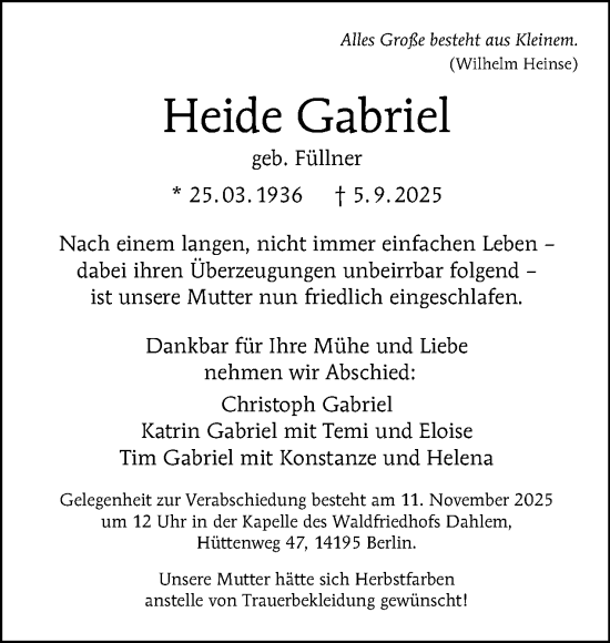 Traueranzeige von Heide Gabriel von Tagesspiegel
