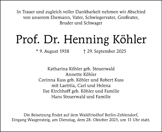 Traueranzeige von Henning Köhler von Tagesspiegel