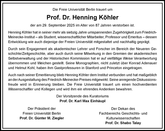 Traueranzeige von Henning Köhler von Tagesspiegel