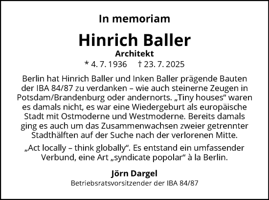 Traueranzeige von Hinrich Baller von Tagesspiegel