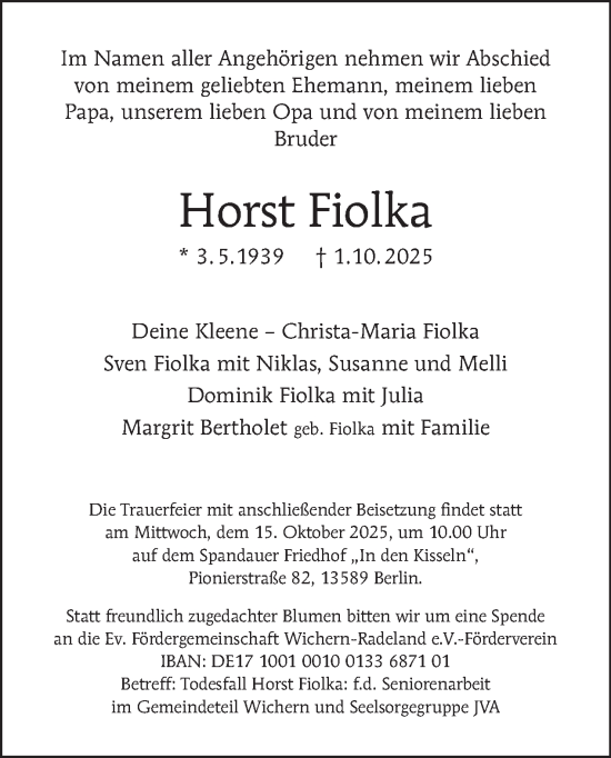 Traueranzeige von Horst Fiolka von Tagesspiegel
