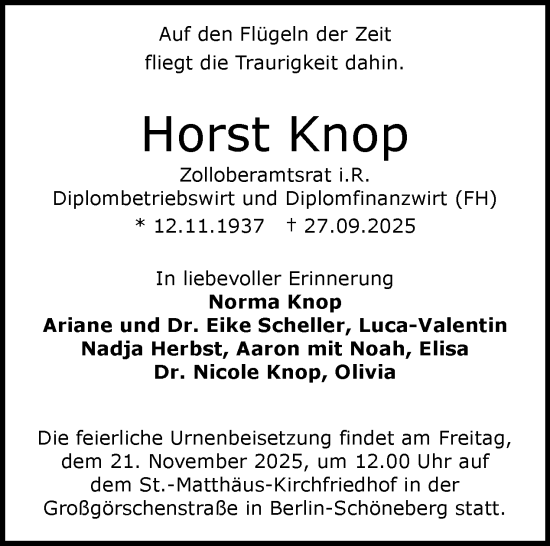 Traueranzeige von Horst Knop von Tagesspiegel