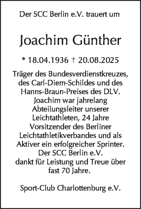 Traueranzeige von Joachim Günther von Tagesspiegel