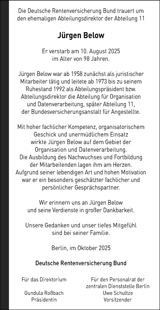 Traueranzeige von Jürgen Below von Tagesspiegel