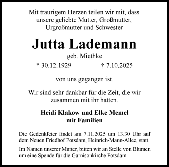 Traueranzeige von Jutta Lademann von Tagesspiegel
