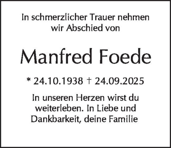 Traueranzeige von Manfred Foede von Tagesspiegel