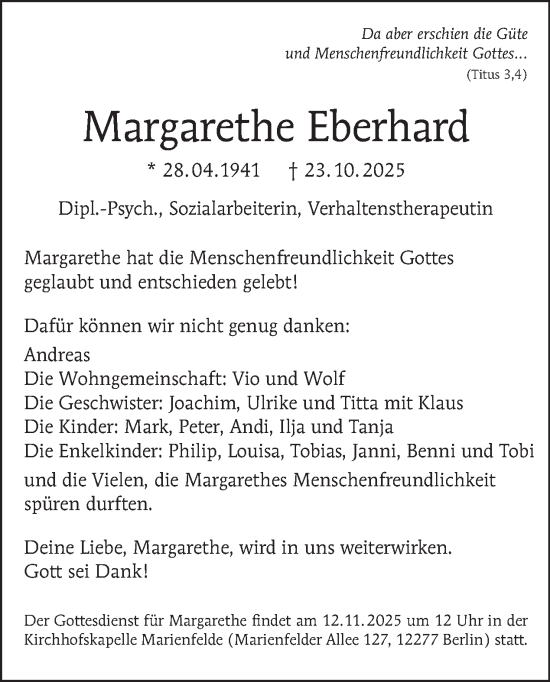 Traueranzeige von Margarethe Eberhard von Tagesspiegel