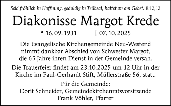 Traueranzeige von Margot Krede von Tagesspiegel