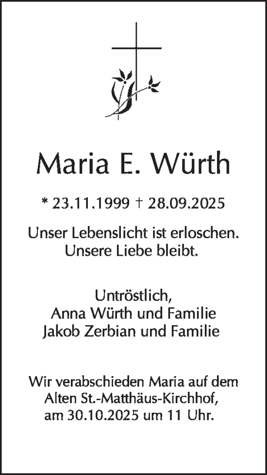 Traueranzeige von Maria Würth von Tagesspiegel