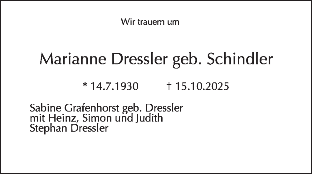  Traueranzeige für Marianne Dressler vom 25.10.2025 aus Tagesspiegel