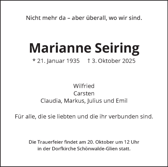 Traueranzeige von Marianne Seiring von Tagesspiegel