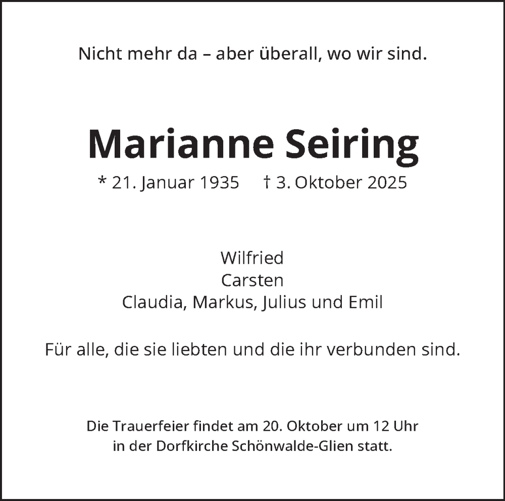  Traueranzeige für Marianne Seiring vom 11.10.2025 aus Tagesspiegel