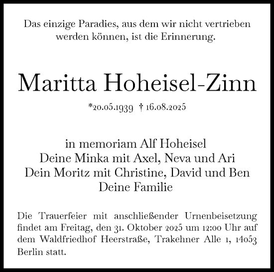 Traueranzeige von Maritta Hoheisel-Zinn von Tagesspiegel