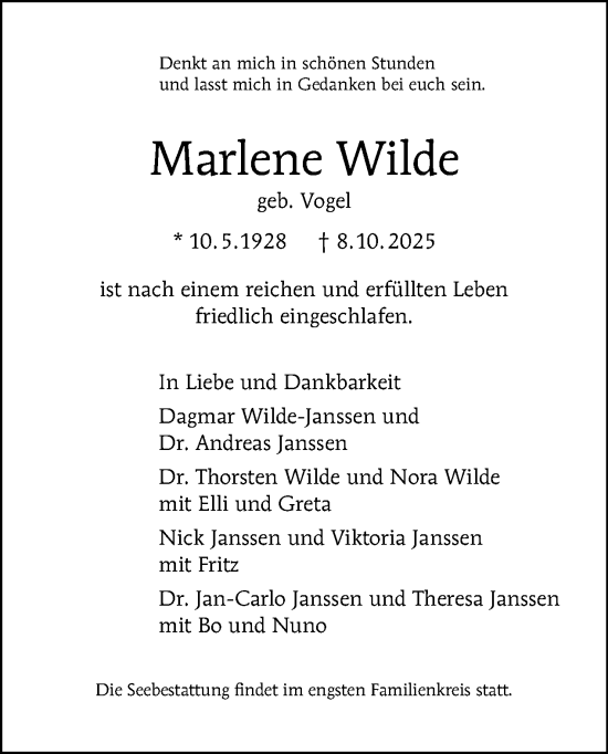 Traueranzeige von Marlene Wilde von Tagesspiegel