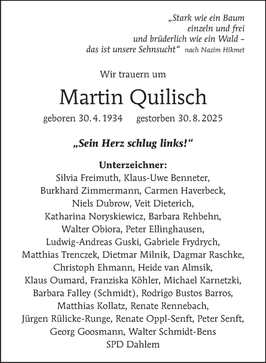 Traueranzeige von Martin Quilisch von Tagesspiegel