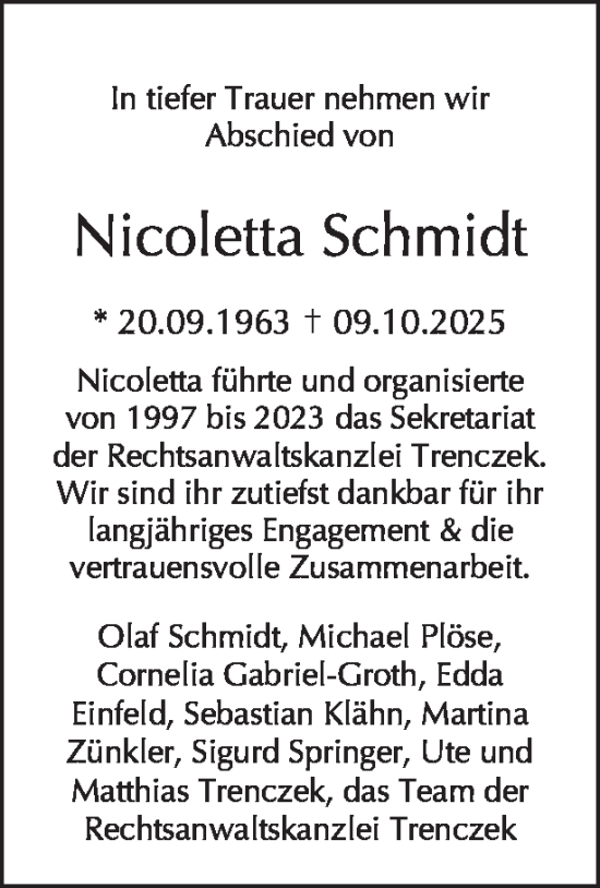Traueranzeige von Nicoletta Schmidt von Tagesspiegel