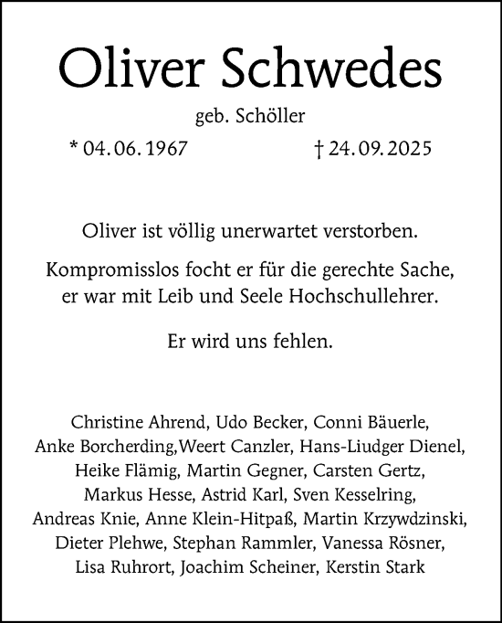 Traueranzeige von Oliver Schwedes von Tagesspiegel