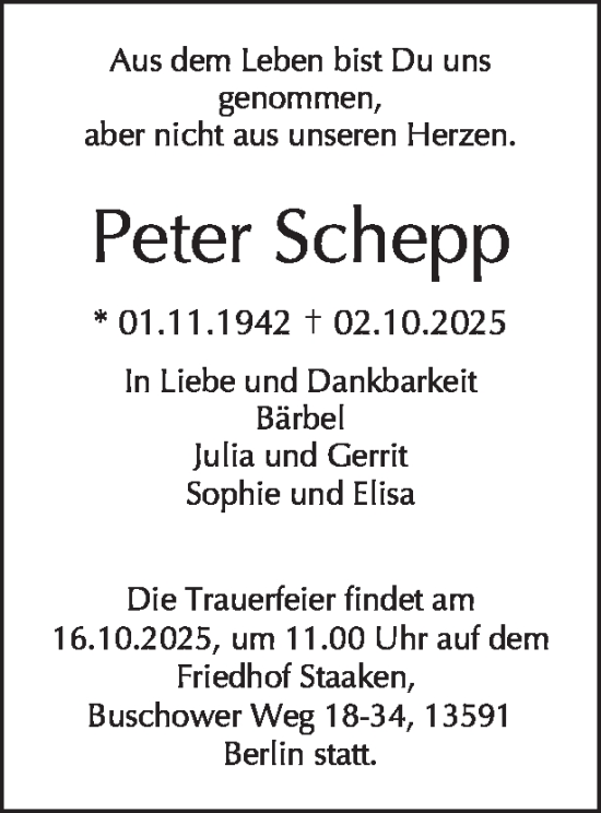 Traueranzeige von Peter Schepp von Tagesspiegel
