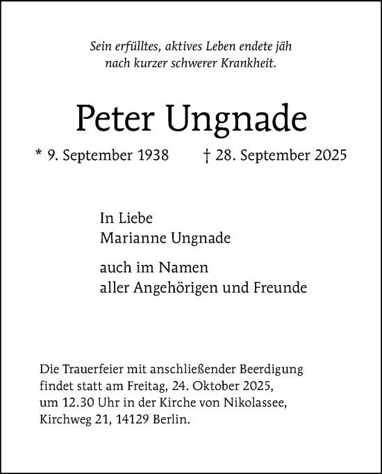 Traueranzeige von Peter Ungnade von Tagesspiegel