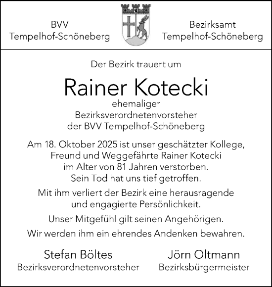 Traueranzeige von Rainer Kotecki von Tagesspiegel