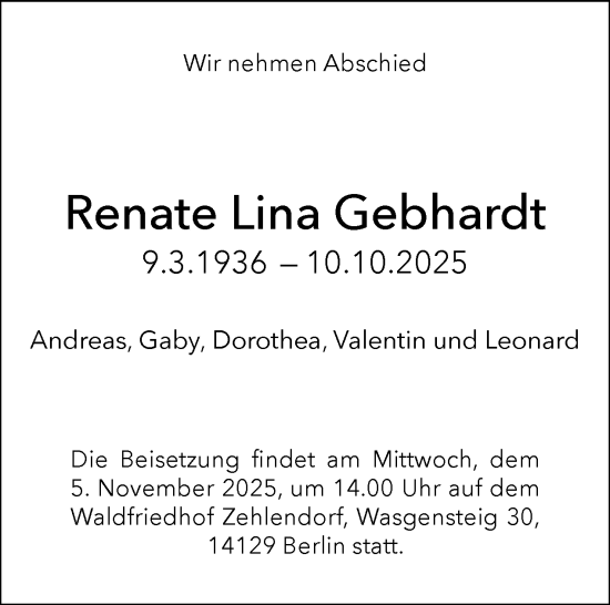 Traueranzeige von Renate Lina Gebhardt von Tagesspiegel