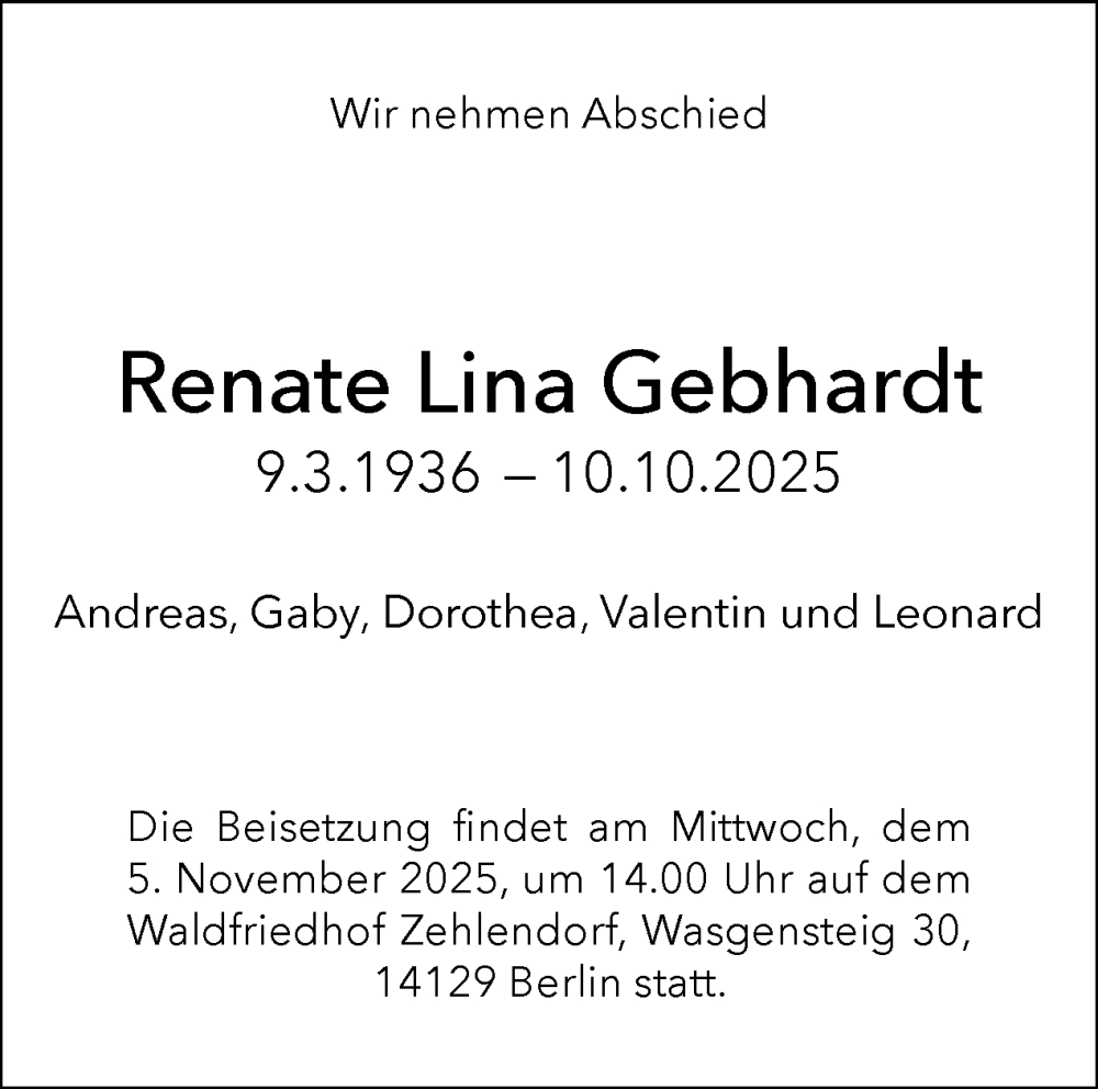  Traueranzeige für Renate Lina Gebhardt vom 25.10.2025 aus Tagesspiegel