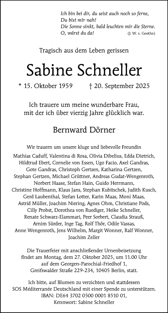 Traueranzeige von Sabine Schneller von Tagesspiegel