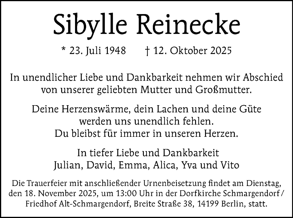  Traueranzeige für Sibylle Reinecke vom 01.11.2025 aus Tagesspiegel