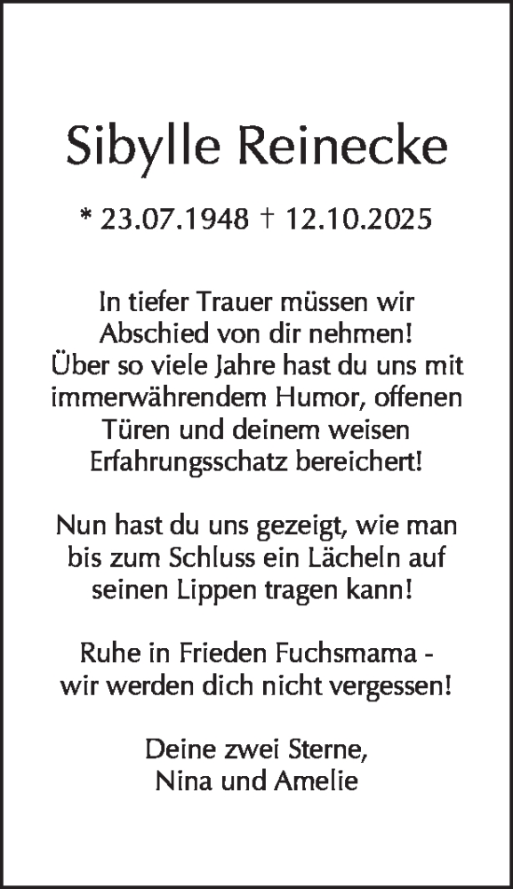  Traueranzeige für Sibylle Reinecke vom 18.10.2025 aus Tagesspiegel