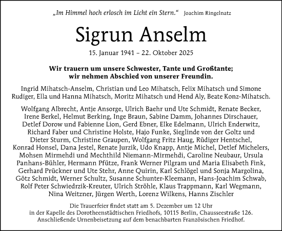 Traueranzeige von Sigrun Anselm von Tagesspiegel