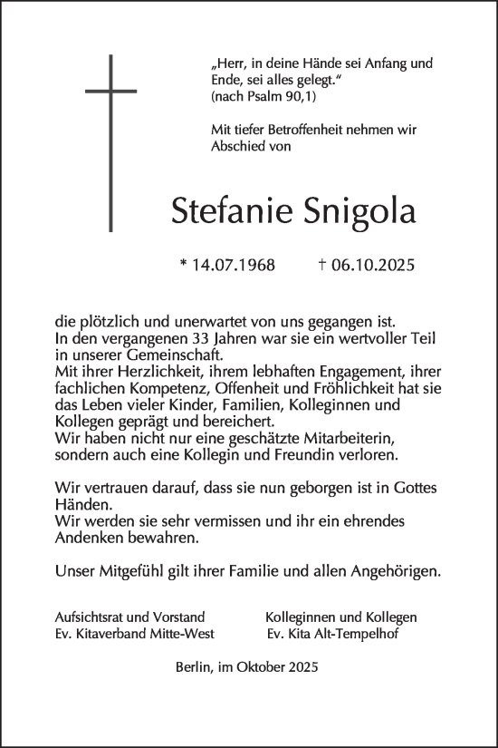 Traueranzeige von Stefanie Snigola von Tagesspiegel