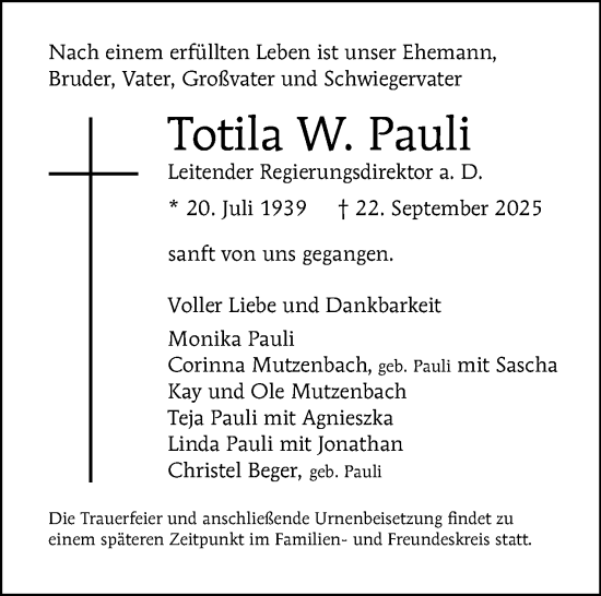 Traueranzeige von Totila W. Pauli von Tagesspiegel