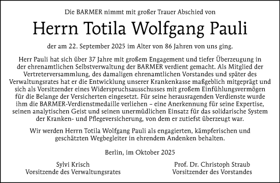 Traueranzeige von Totila Wolfgang Pauli von Tagesspiegel