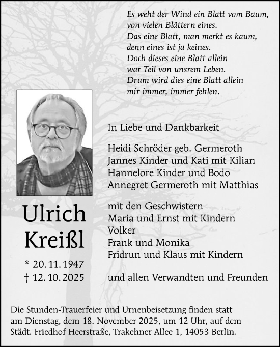 Traueranzeige von Ulrich Kreißl von Tagesspiegel
