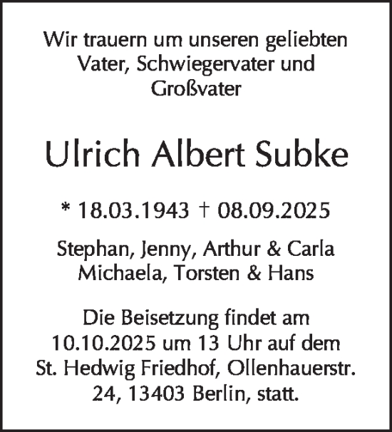 Traueranzeige von Ulrich Albert Subke von Tagesspiegel