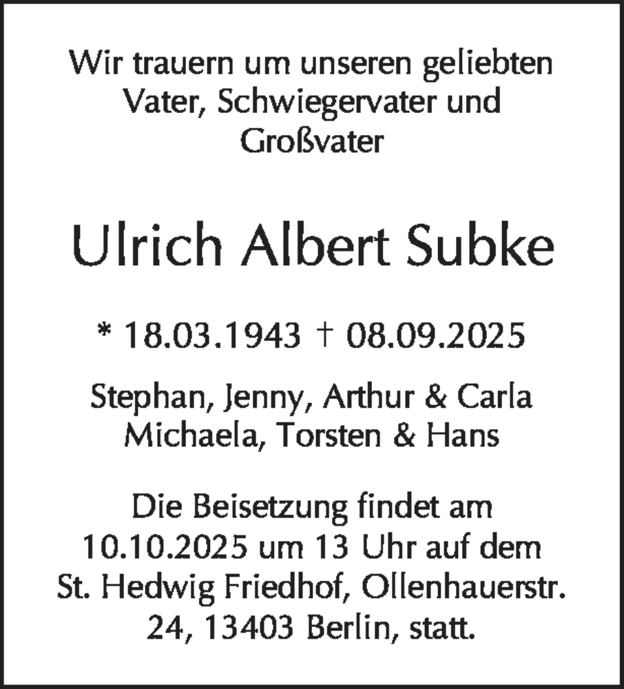 Traueranzeige für Ulrich Albert Subke vom 04.10.2025 aus Tagesspiegel