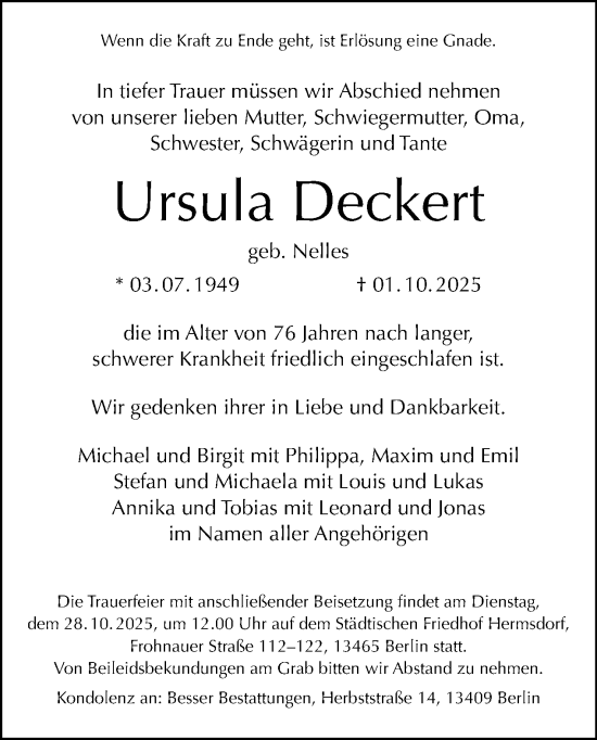 Traueranzeige von Ursula Deckert von Tagesspiegel