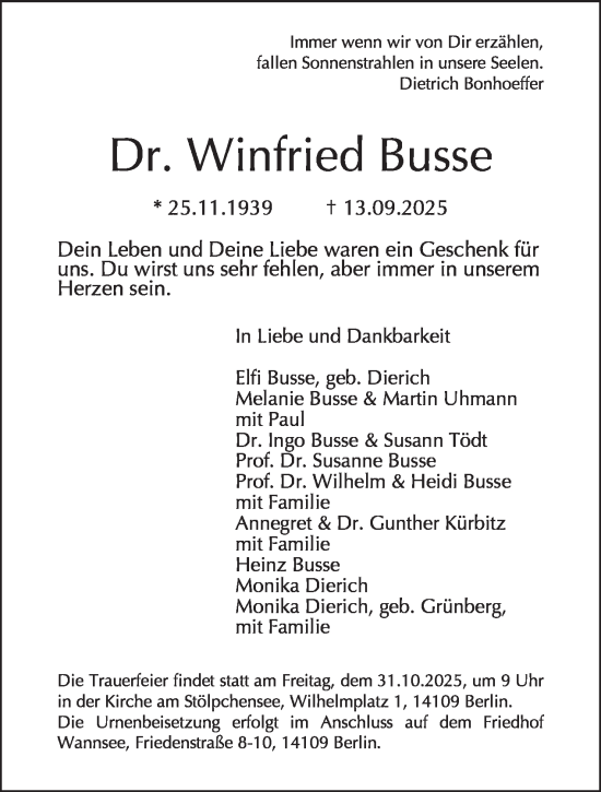 Traueranzeige von Winfried Busse von Tagesspiegel
