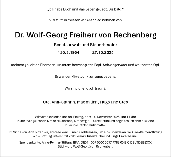 Traueranzeige von Wolf-Georg Freiherr von Rechenberg von Tagesspiegel