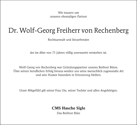 Traueranzeige von Wolf-Georg Freiherr von Rechenberg von Tagesspiegel