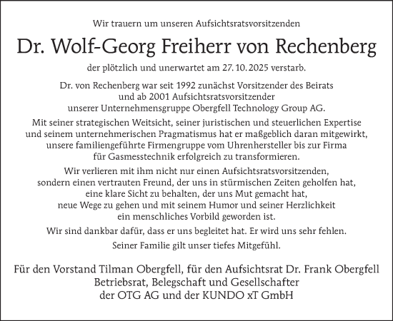 Traueranzeige von Wolf-Georg Freiherr von Rechenberg von Tagesspiegel