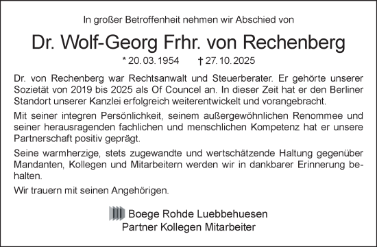 Traueranzeige von Wolf-Georg von Rechenberg von Tagesspiegel