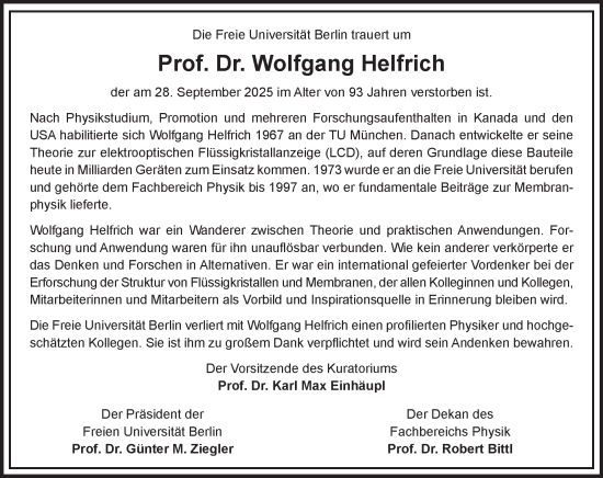 Traueranzeige von Wolfgang Helfrich von Tagesspiegel
